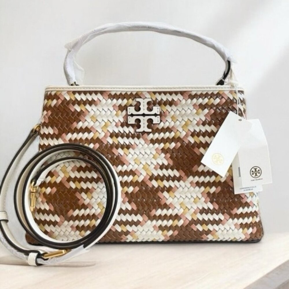 Tory Burch Britten Woven Satchel in Brown and Cream